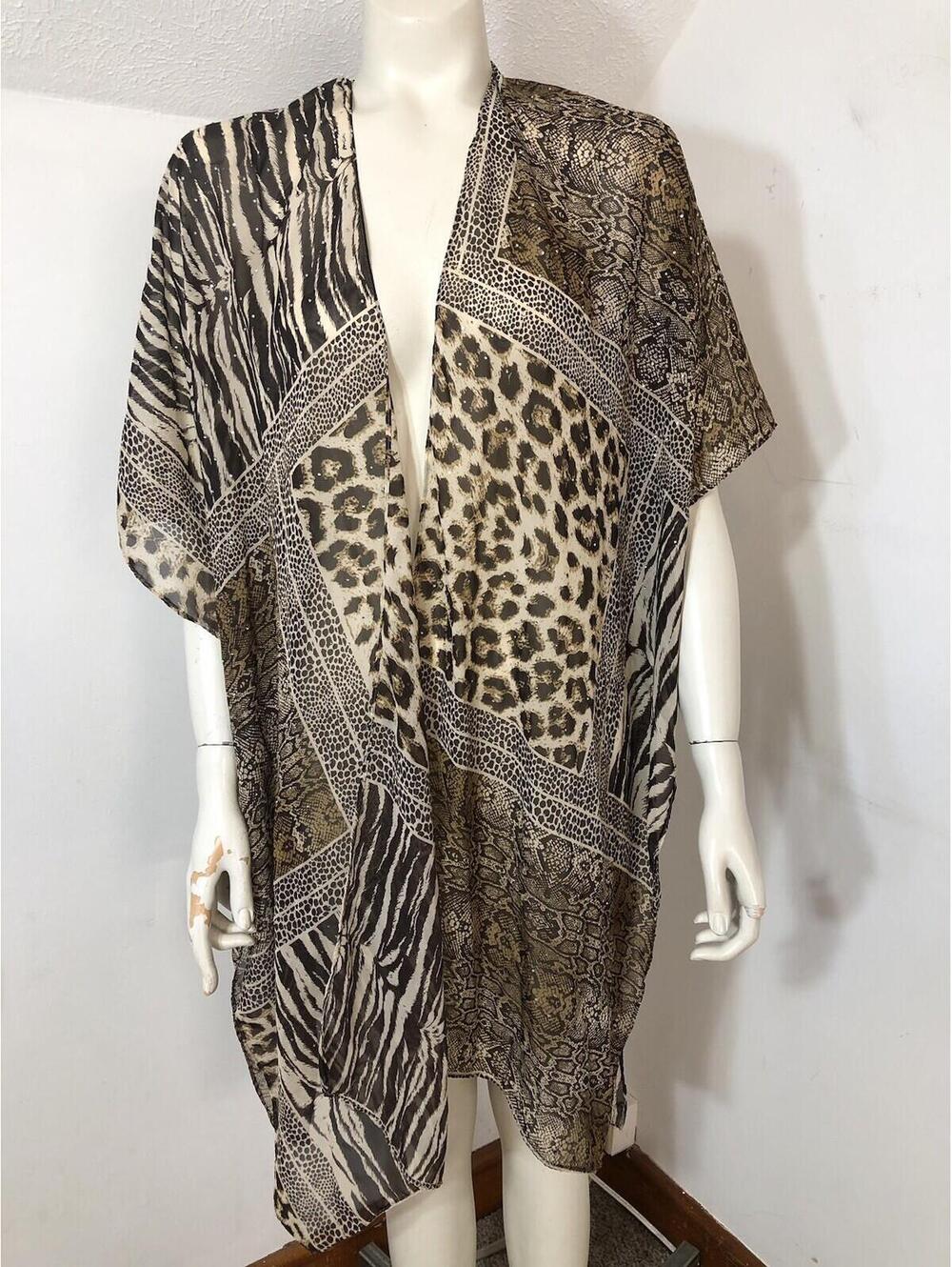 Jessica McClintock New Womens One Size Open Front Kimono Animal Print Sparkles